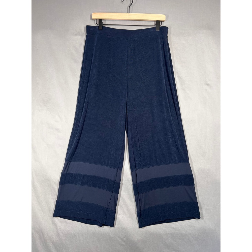 Chicos Travelers Navy Blue Wide Leg Mesh Hem Crop Pants 1 M 8/10